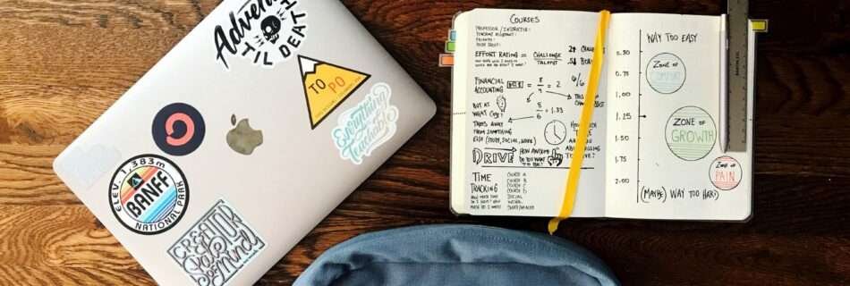 flat lay photography of blue backpack beside book and silver MacBook